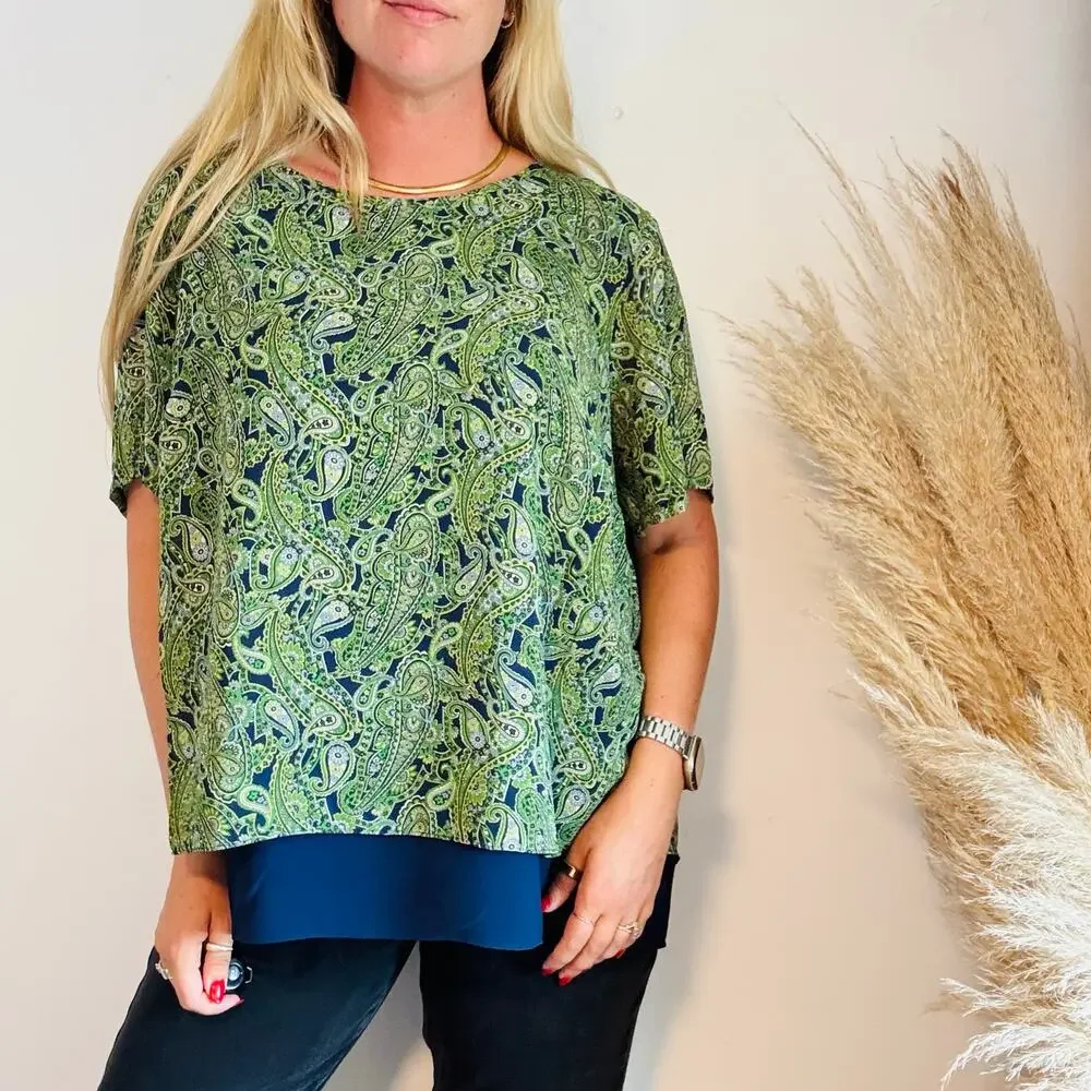 MICHAEL KORS Green White Navy Blue Paisley Print Tunic $120 Blouse Top Shirt 2X
